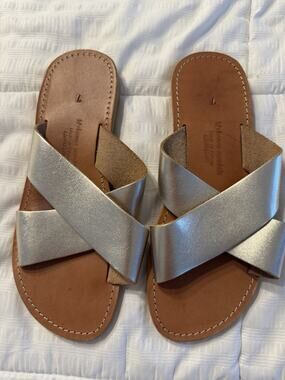 Mykonos Handmade Greek Leather Sandals Metallic Silver Straps Women's Size 7